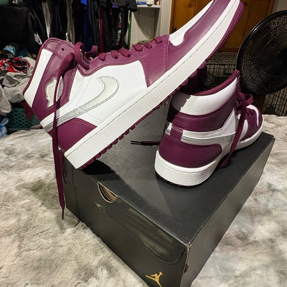 Air Jordan White and Burgundy High-Top Sneakers - Picture 3 of 5